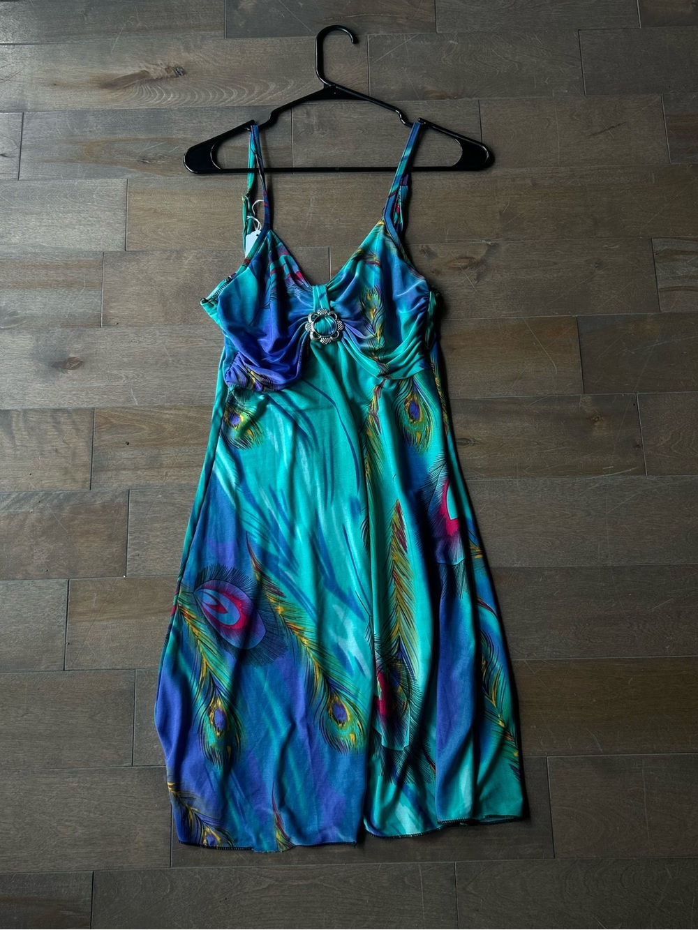 Sleeveless Peacock-Print Slip Dress in Teal and Blue